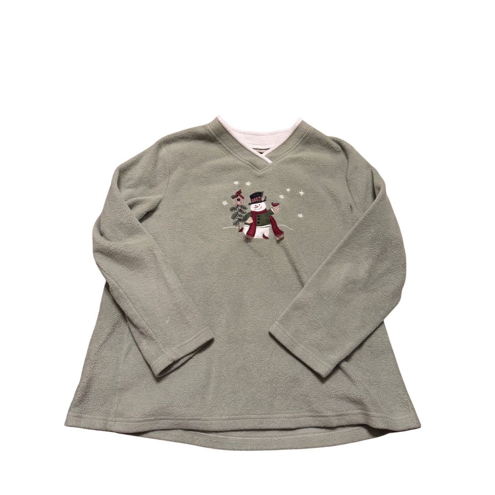 Croft & Barrow Woman Sage Green Fleece Snowman Embroidered Pullover Top 1X